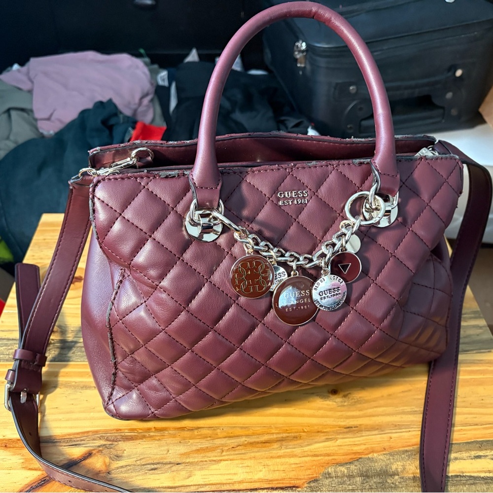 HTF GUESS Burgundy Quilted Women's Bag with long strap and Charms